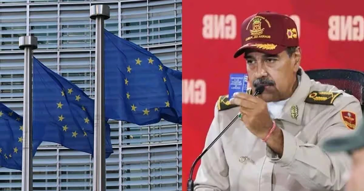 Banderas de la Unión Europea y Nicolás Maduro | Fotos: REMITIDA / HANDOUT por Junta de Andalucía y Prensa de la Presidencia de Venezuela