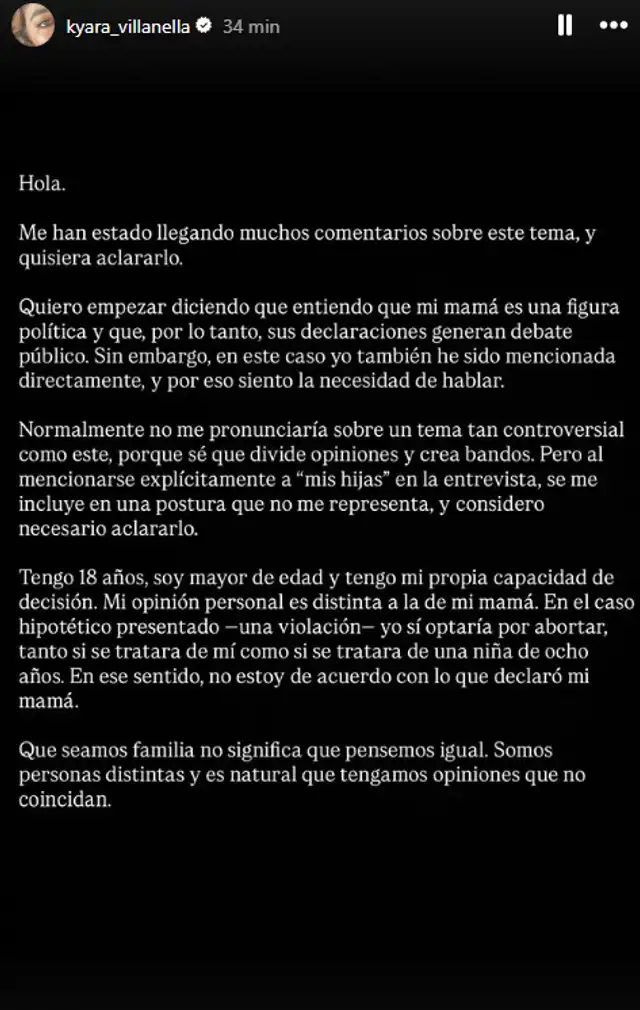 Kyara Villanella marca distancia de su madre y apoya el aborto por violación | Captura de Instagram