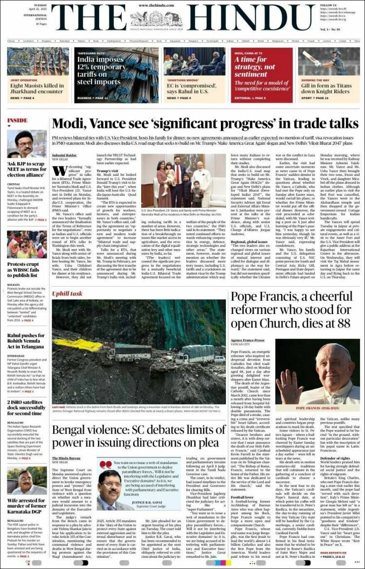 The Hindu (India) definió al papa Francisco como "un reformador alegre que defendía una Iglesia abierta"