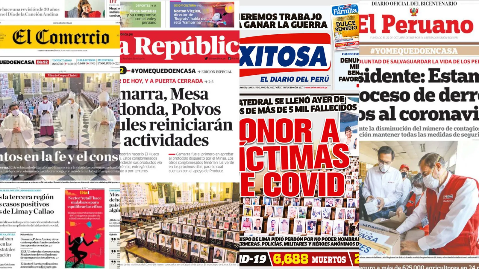 La misa con las fotos de las víctimas del Covid-19, en las portadas de los principales diarios del Perú este lunes 15 de junio de 2020