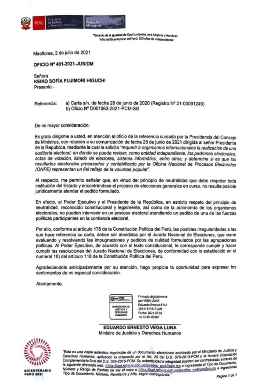 Gobierno rechaza solicitud de la Fujimori por auditoría internacional a elecciones 2 E5VsoDKWYAAgYtJ