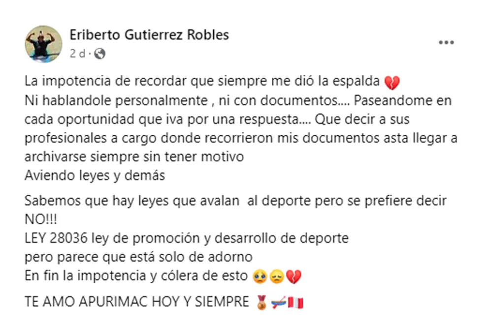 "Señor alcalde, usted, en su momento, me negó el apoyo. Este esfuerzo es solo mío" 3 Publicación de Eriberto Gutiérres Robles en Facebook (Captura)