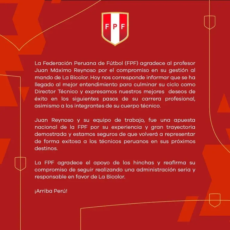 FPF anuncia desvinculación de Juan Reynoso (FPF)