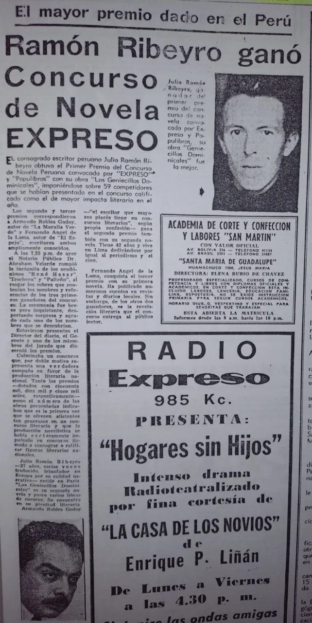 El último artículo de Sebastián Salazar Bondy 2 Recorte periodistico que anuncia a Ribeyro como ganador del concurso de Novela. Fuente Archivo Victor Solis Ramirez El Flaco Ribeyro