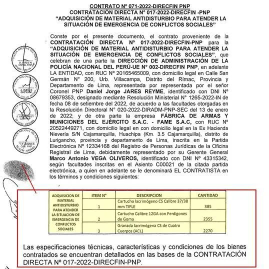 Policía adquiere sin licitación cerca de 32 mil cartuchos y granadas lacrimógenas por más de 2.5 millones de soles 3 contrato 2 Policia adquiere sin licitacion mas de 31 mil cartuchos y granadas lacrimogenas por mas de 2.5 millones de soles