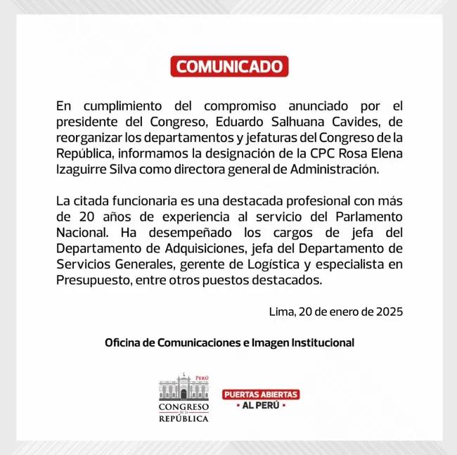 Congreso designa a Rosa Elena Izaguirre como directora general tras escándalo de prostitución 2 Congreso anuncia designación de Rosa Elena Izaguirre | Imagen: X del Congreso
