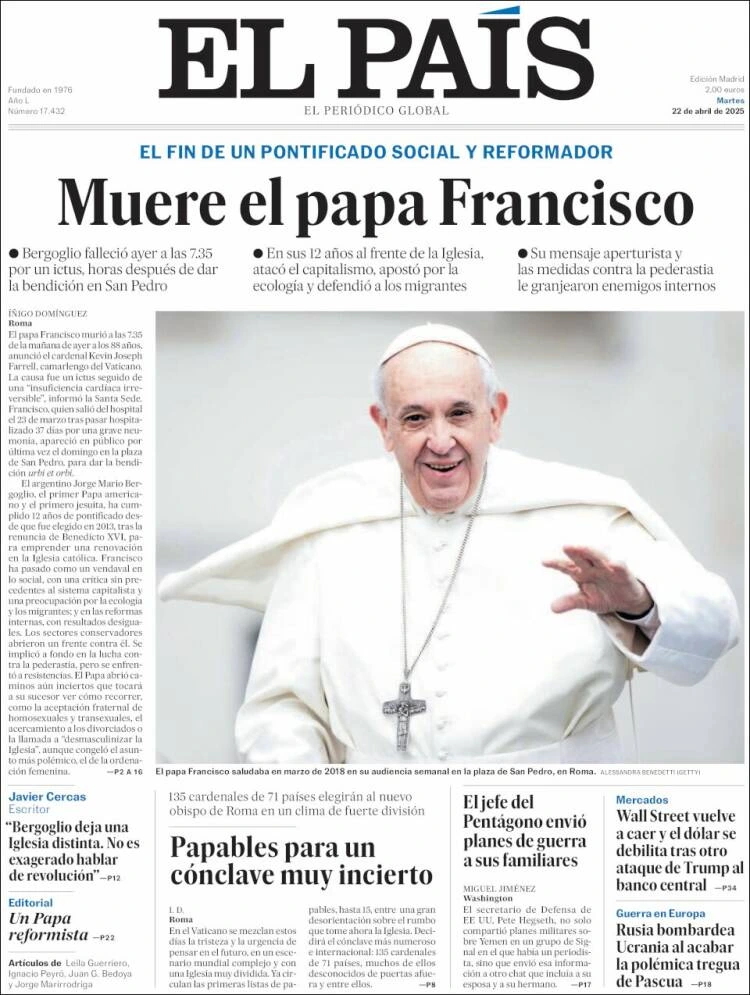 El País (España) destacó que el mensaje aperturista del papa Francisco y sus medidas contra la pederastia "le granjearon enemigos internos"