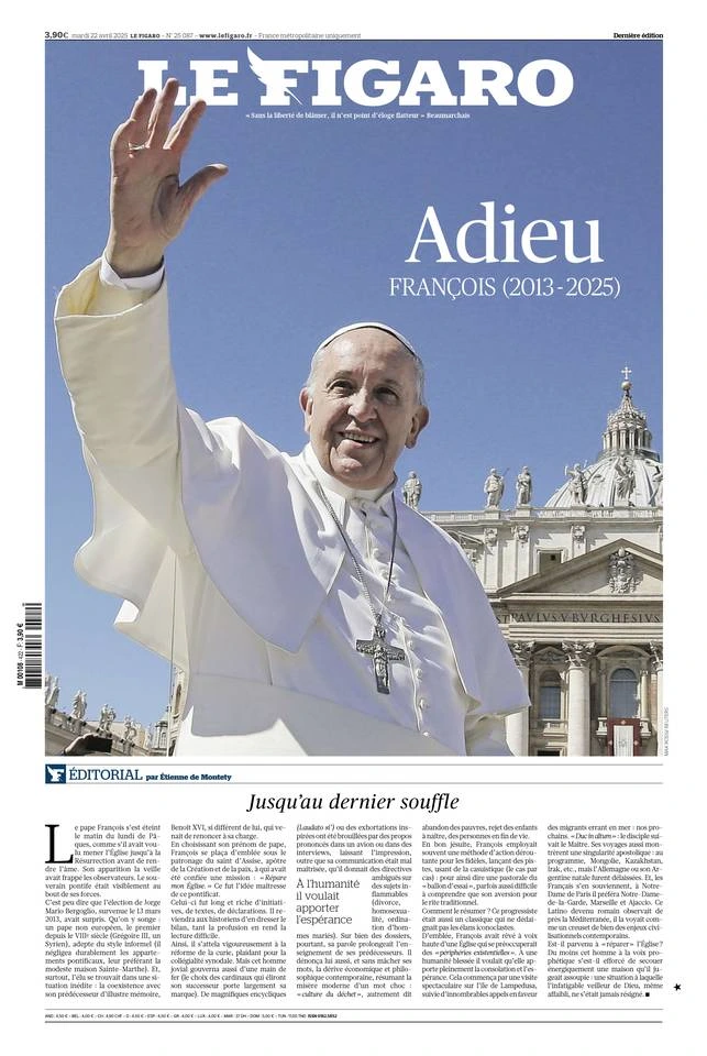 Le Figaro (Francia) despidió al papa Francisco con un escueto "Adiós", pero con una potente imagen angelical