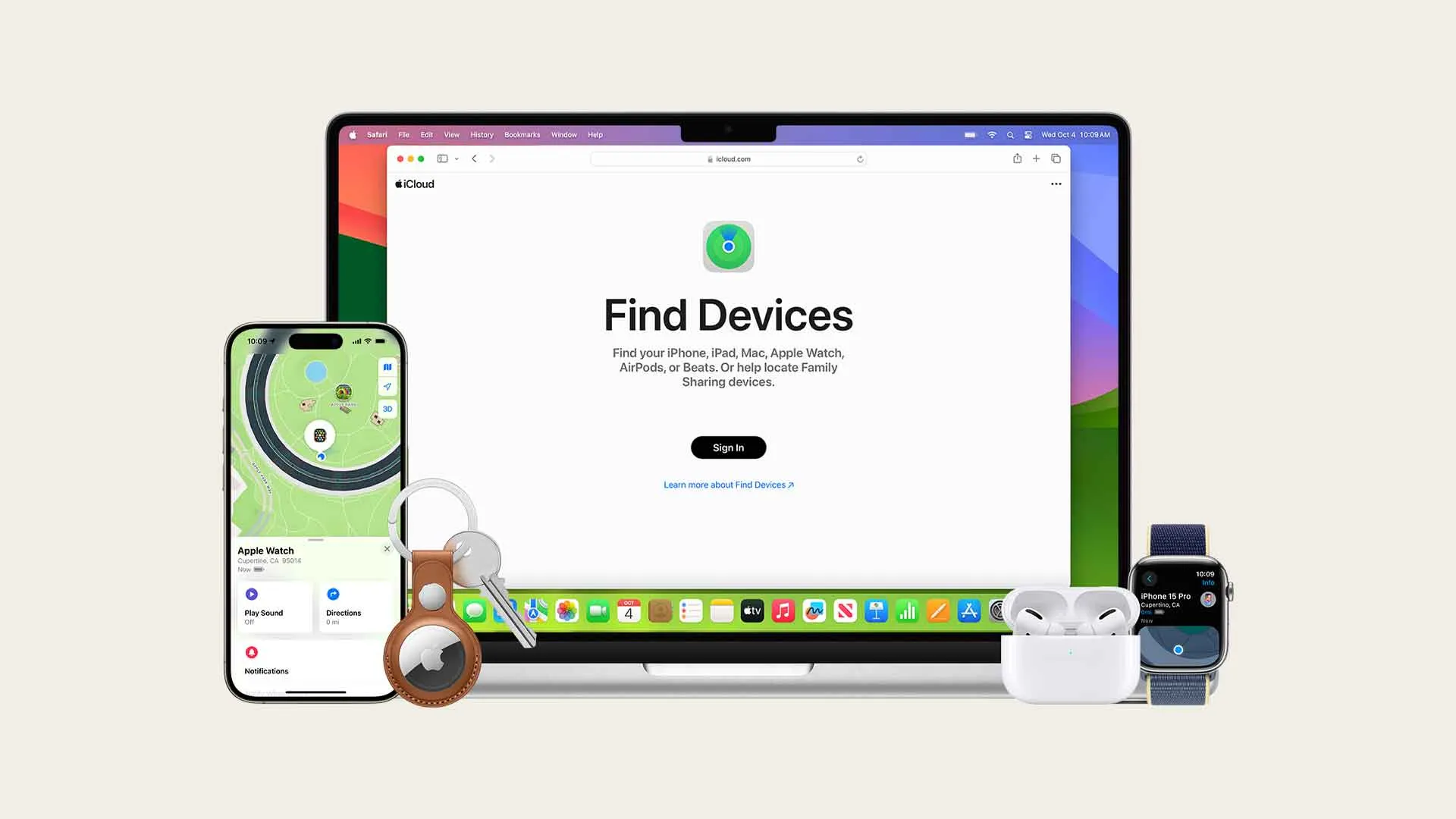 Find My es un servicio de seguimiento de activos creado por Apple que permite a los usuarios rastrear la ubicación de dispositivos iOS , iPadOS , macOS , watchOS , visionOS , tvOS , AirPods , AirTags y una serie de accesorios de terceros compatibles a través de una cuenta de iCloud conectada | Imagen: Apple