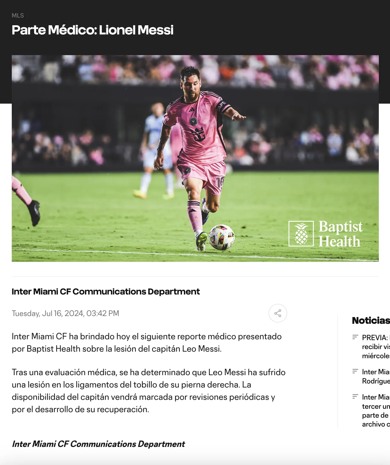 Parte médico oficial confirma la lesión de Lionel Messi (Inter Miami)