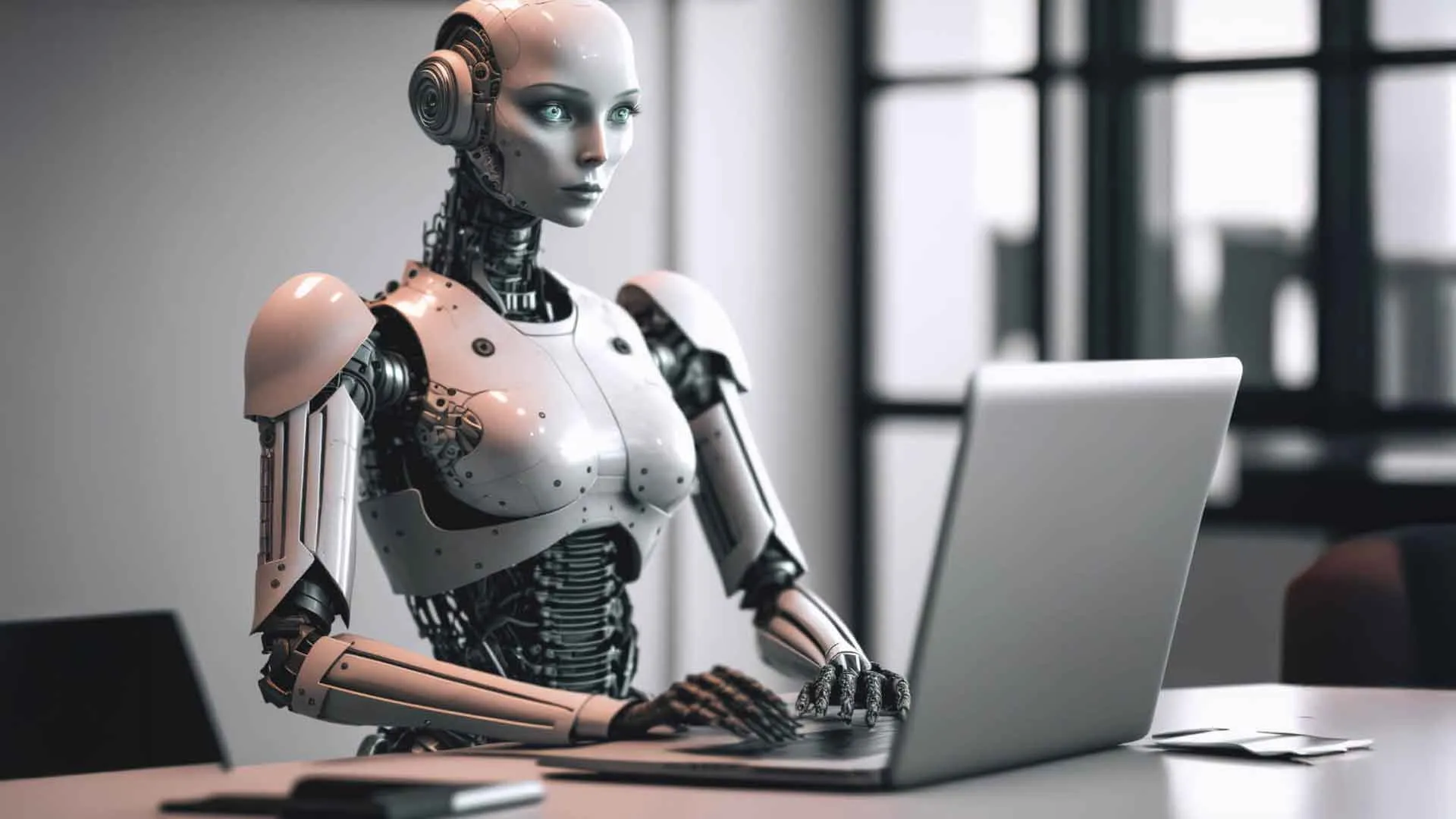 Un robot sentado en un escritorio con una computadora portátil | Imagen referencial