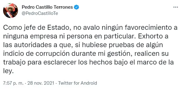 Tweet del presidente Pedro Castillo. (Foto: Captura)